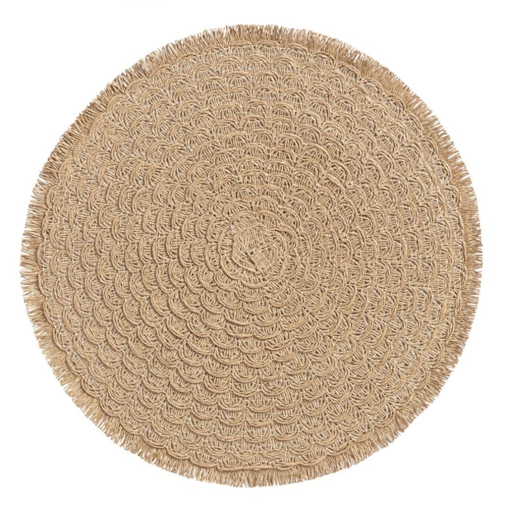 🤎Set of 6 Round Natural Tan Braided Fringe 15" Placemats Boho Cottagecore